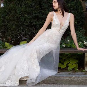 Lazaro Wedding Gown HOPE Style 32104 Lt Ivory Lace / Detachable Beaded Overskirt